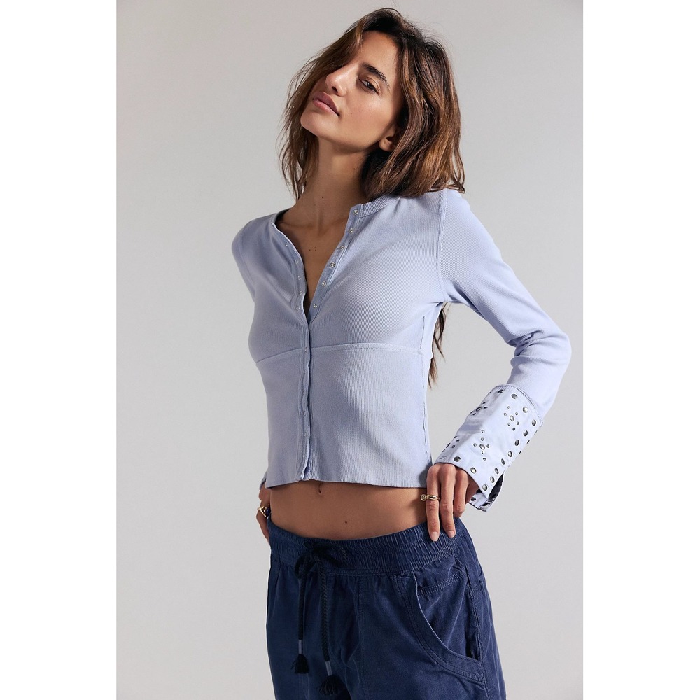 NEW Free People We The Free Cotton Night Belle Cuff Button Front Top Blue Large